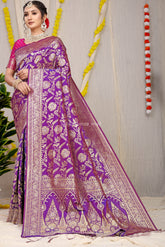 Stunning Purple Golden Zari Worked Heavy Banarasi Saree